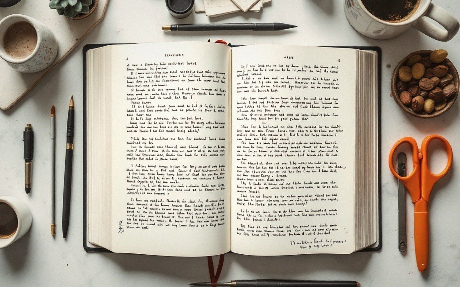 Close view of a language textbook open to a dense page, margins filled with handwritten annotations in two different inks